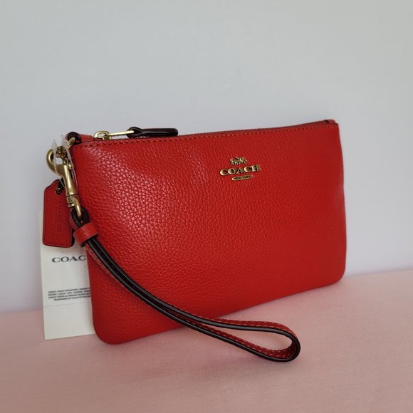 COACH Small Wristlet in Polished PebbleD Leather- Sport Red⭐ - Picture 2 of 16